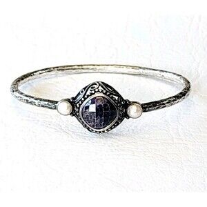 Vintage Faceted Sodalite  & Pearl Filigree Sterling Bangle Bracelet IW India